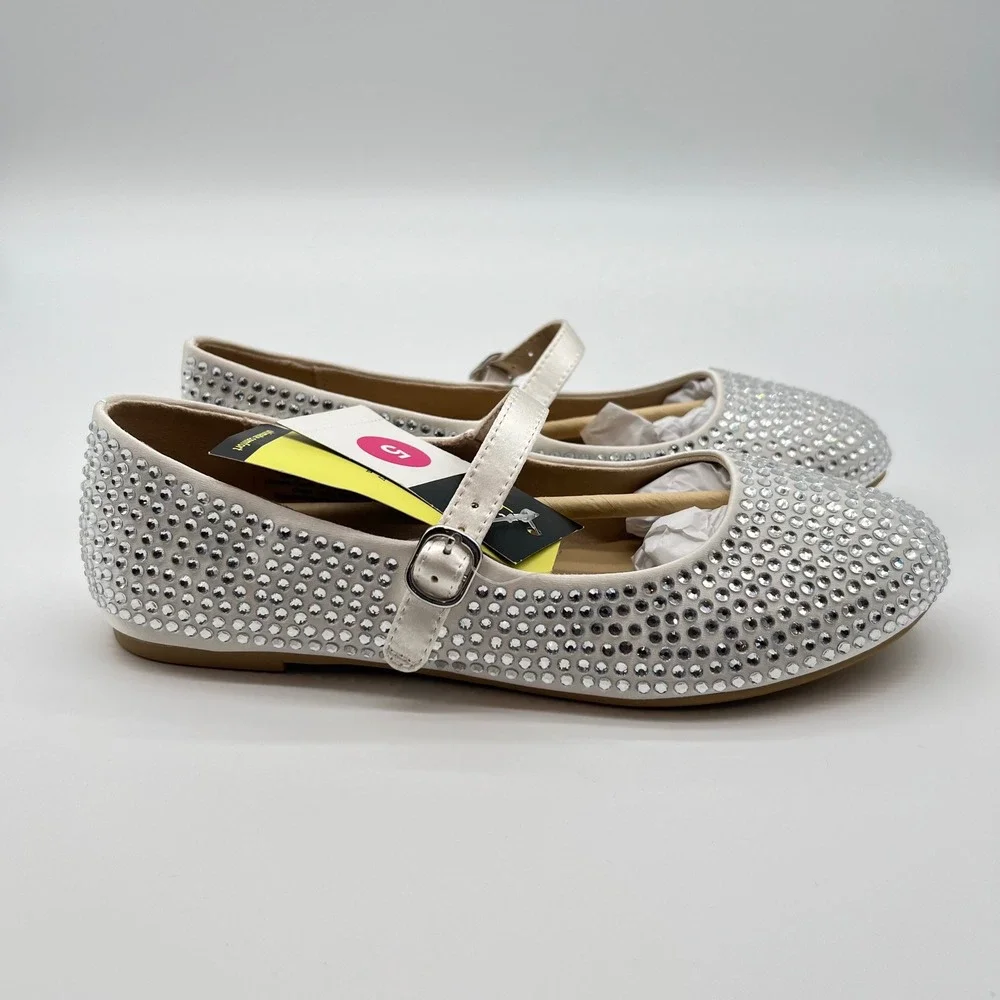 Art Class Nell Rhinestone Mary Jane Flats Off White Satin Kids Size 5 NWT